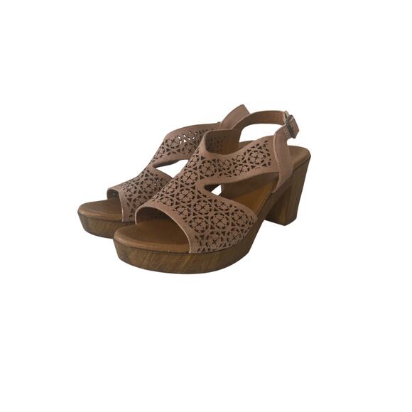 Eric Michael Laser Sandals Pink  3 in heel Open Toe Leather Size 40 (9.5-10) - Picture 1 of 10
